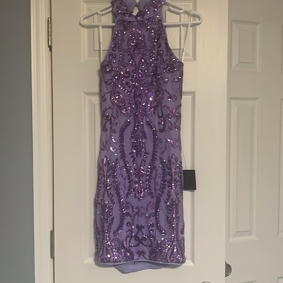 Glittering Glamour Lavender Sequin Mock Neck Mini Dress - Picture 5 of 6